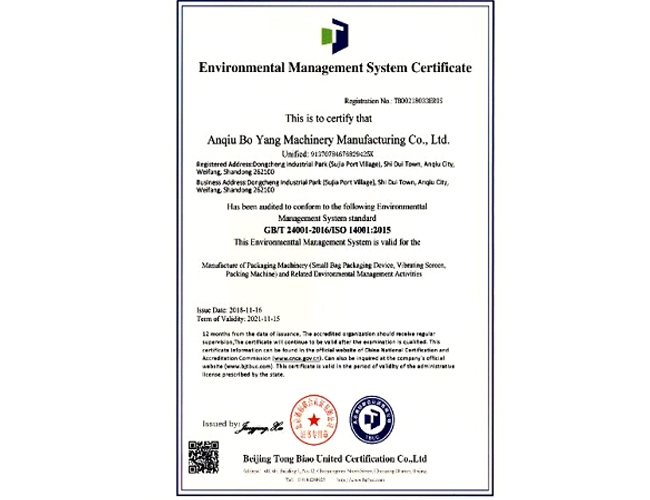 iso24001 environment management system certificate